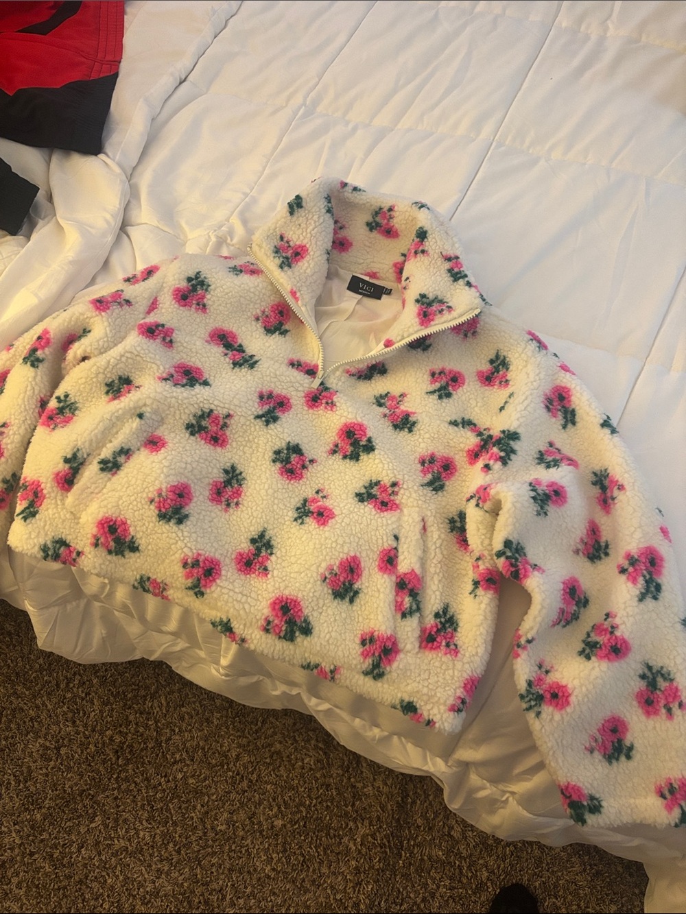 Vici Cream Sherpa Half-Zip Jacket with Pink Floral Print